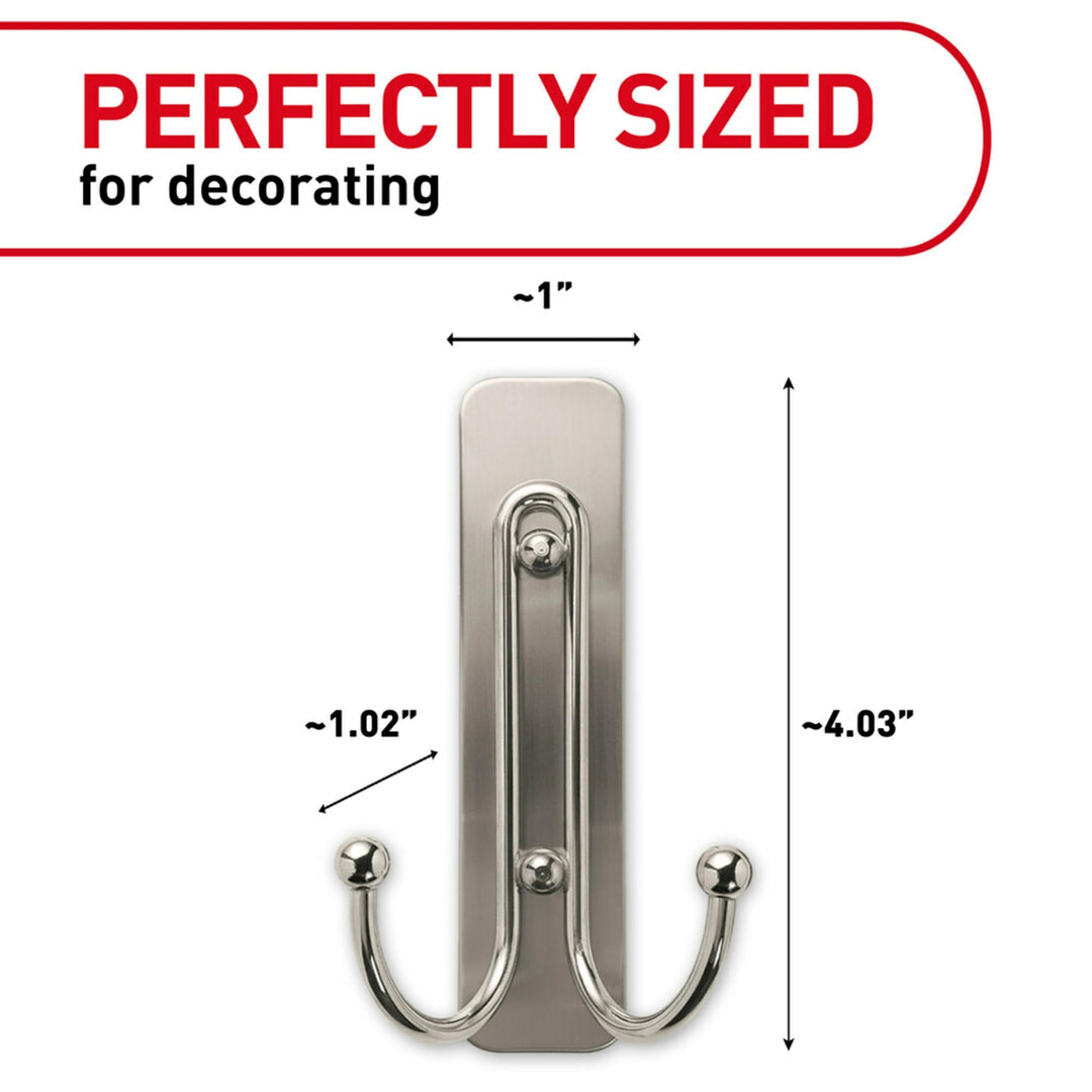Large Double Bathroom Wall Hook, Damage Free Hanging Bath Hook with Adhesive Strip, Double Hook for Hanging Bath Towels, 1 Satin Nickel Colored Wall Hook and 1 Water-Resistant Strip