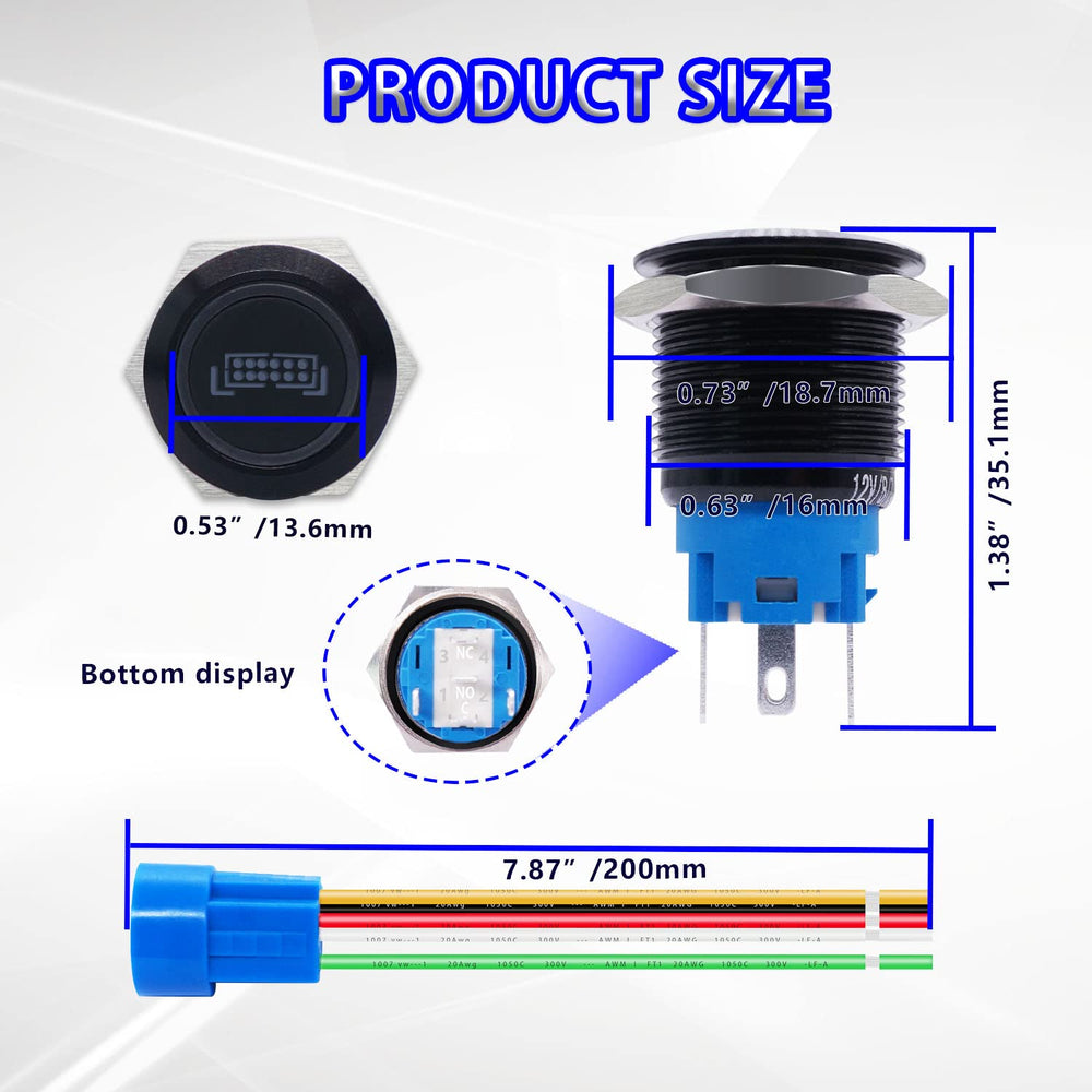 19MM LED Light BAR Switch 12V Waterproof Stainless Steel Latching Push Button Switch SPST ON/Off Blue LED,with Wire Socket Plug,for Car Boat Truck P-L-19-01-BK-BU