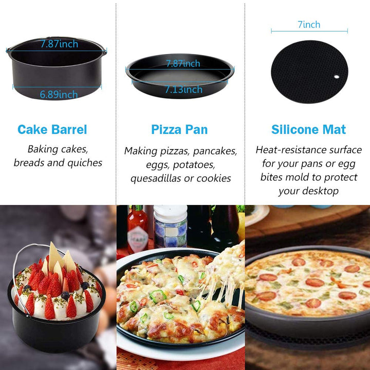 Air Fryer Accessories Set of 7 with 8 Inch Egg Bites Mold, Pizza Pan, Cake Barrel, Skewer Rack, Silicone Mat for 3.5Qt-5.8Qt Phillips Nuwave Gowise Gourmia Ninja Dash Air Fryer