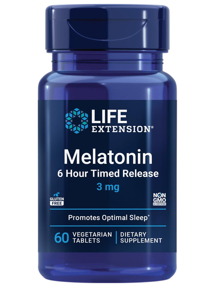 Melatonin 6 Hour Timed Release 3 mg - For Circadian Rhythm &amp; Immune Function, Cellular and DNA Health - Sleep Supplement - Non-GMO, Gluten-Free - Vegetarian Tablets, 60 Count