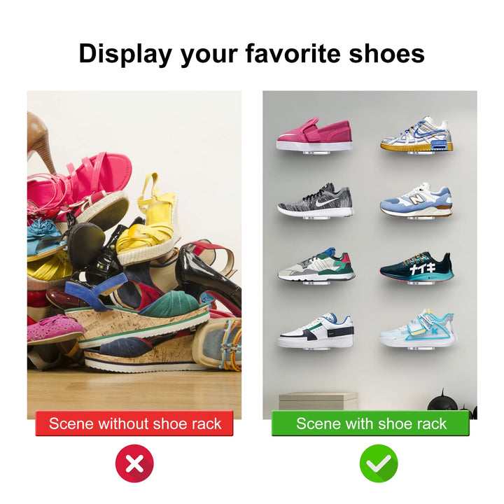 Acrylic Floating Clear Sneaker Shelves Wall Mount Set of 6 for Shoe Display,Floating Shoe Display Shelves for Bedroom, Gaming Room, Living Room,entrance hall
