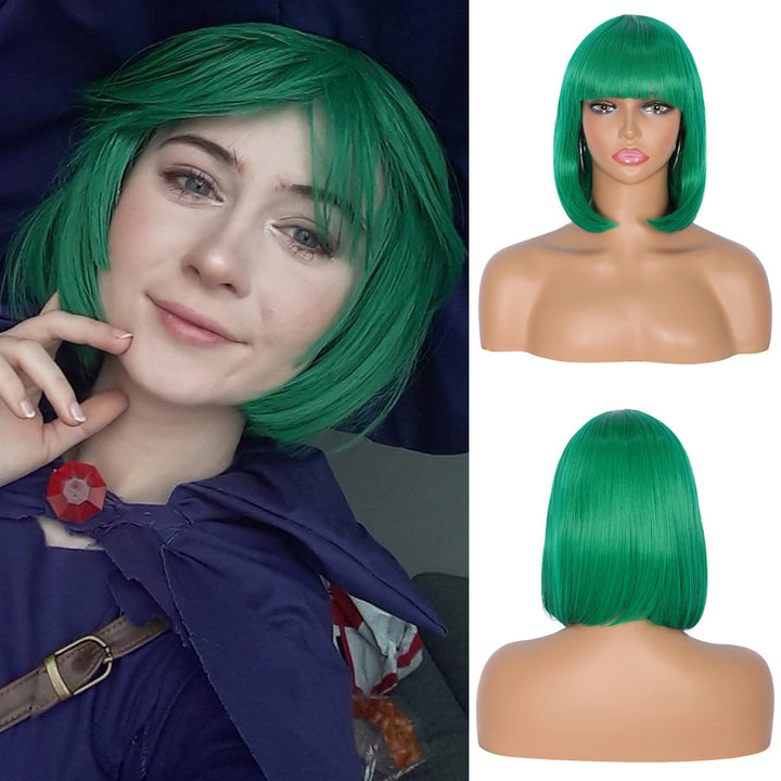 Womens Cosplay Party Kanekalon Synthetic Fiber Short Straight Dark Green Bob Hair Full Wigs