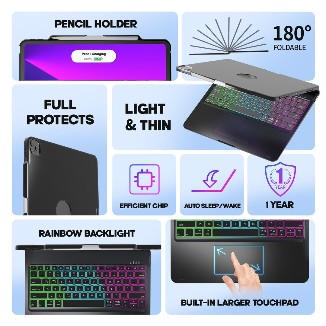 iPad Pro 12.9 inch Case with Keyboard, Rainbow Backlits, Pencil Holder, 360° Rotatable, Keyboard for iPad Pro 12.9 inch 6th/5th/4th/3rd Generation - Black