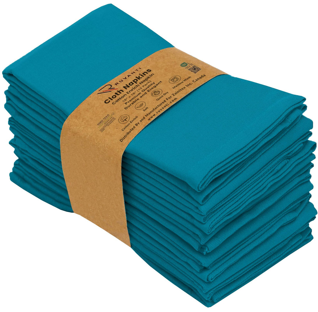 Ruvanti Cloth Napkins Set of 12, 18x18 Inches Napkins Cloth Washable, Soft, Durable, Absorbent, Cotton Blend. Table Dinner Napkins Cloth for Hotel, Lunch, Restaurant, Weddings, Events, Parties - Teal