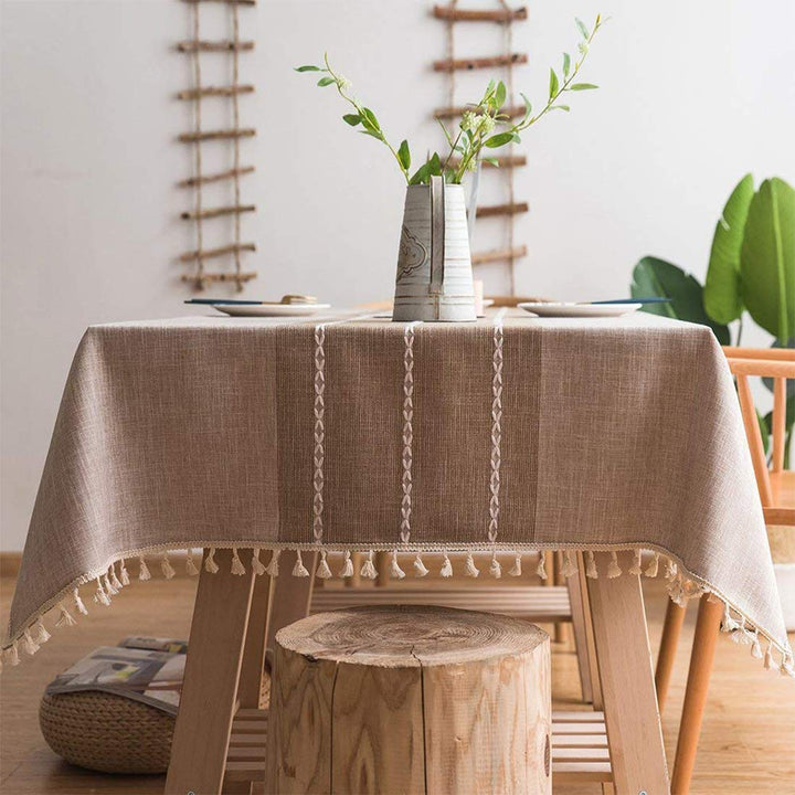 smiry Rustic Farmhouse Linen Tablecloth, Embroidered Burlap Table Cloth with Tassel, Wrinkle Free Dining Room tablecloths for Rectangle Tables, 55 x 157 inches, Light Grey