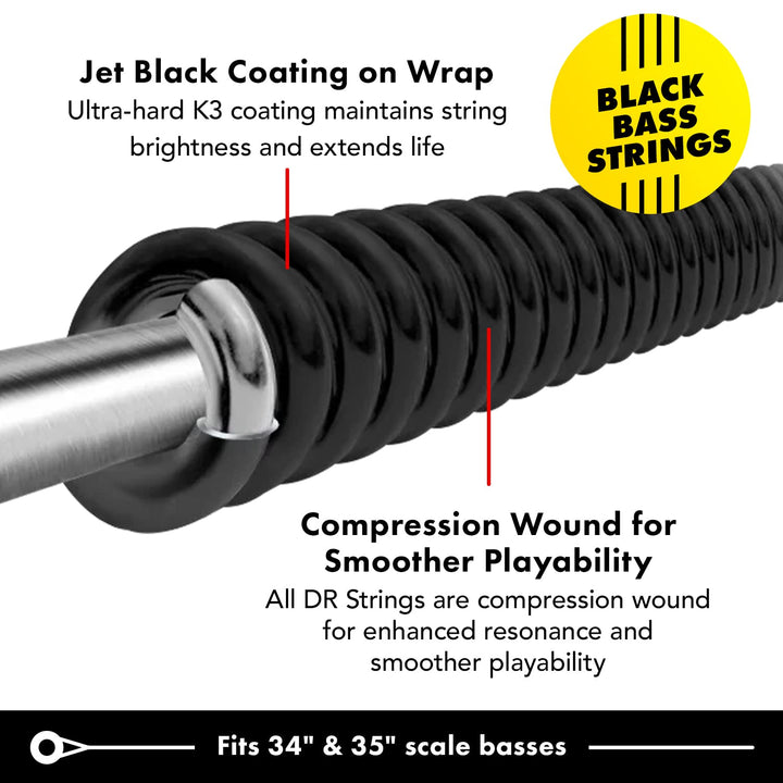 DR Strings BKB-45 BLACK BEAUTIES BLACK Colored Bass Strings 45-105, Medium