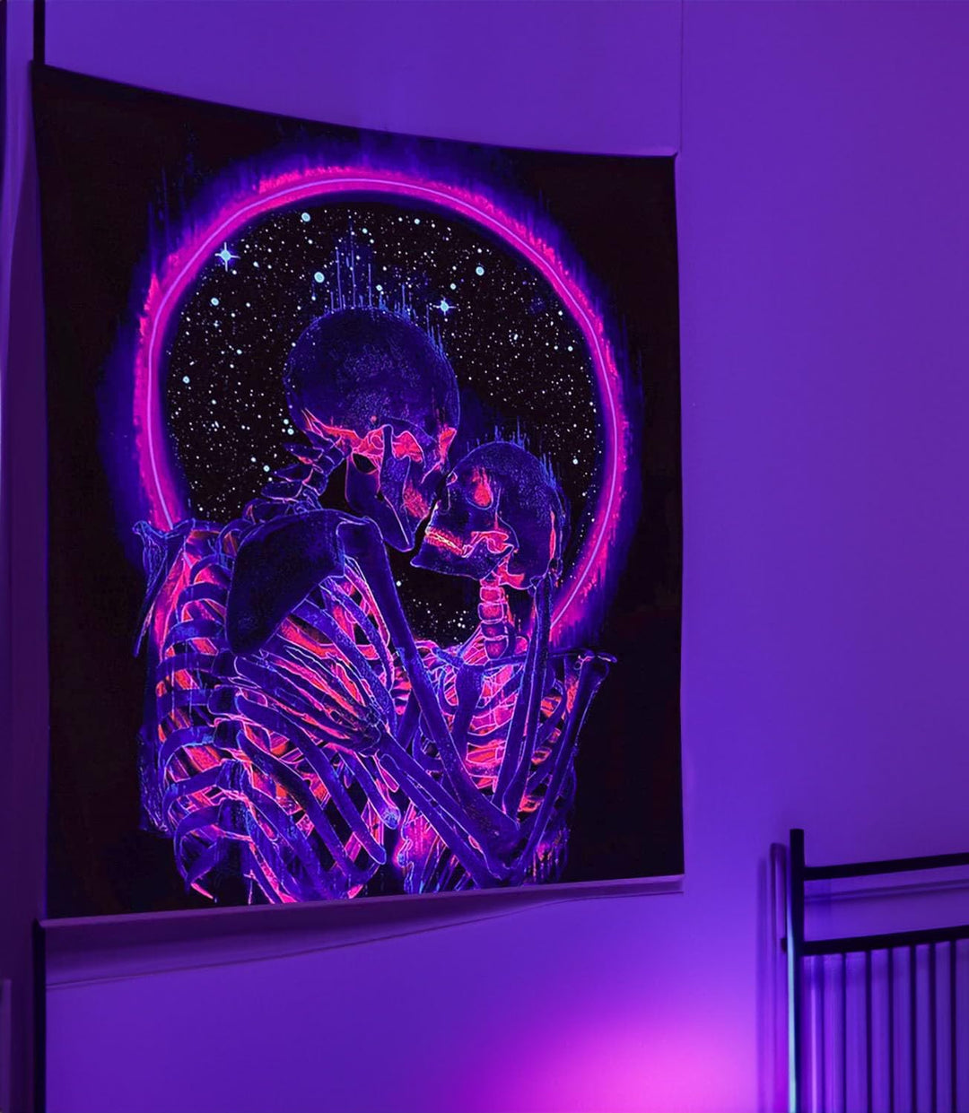 Blacklight Skull Tapestry, The Kissing Lovers Tapestry UV Reactive Trippy Neon Tapestries Glow in the Dark Party Backdrop, Skeleton Wall Art for Bedroom Living Room – 51.2 x 59.1