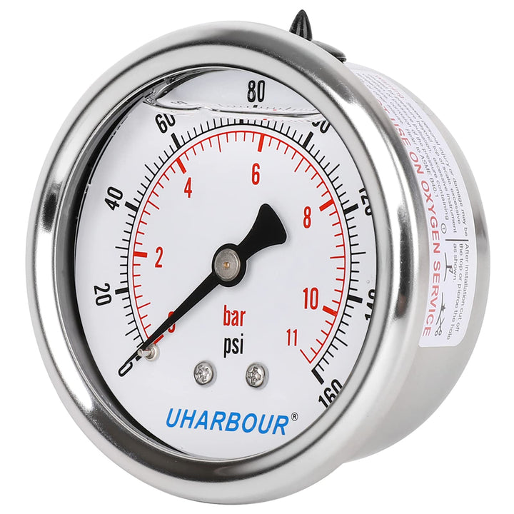 UHARBOUR Glycerin Filled Pressure Gauge 160psi/11bar, Stainless Steel case, Brass Inside Construction, 2-1/2 dial, 1/4NPT Back Connection.…