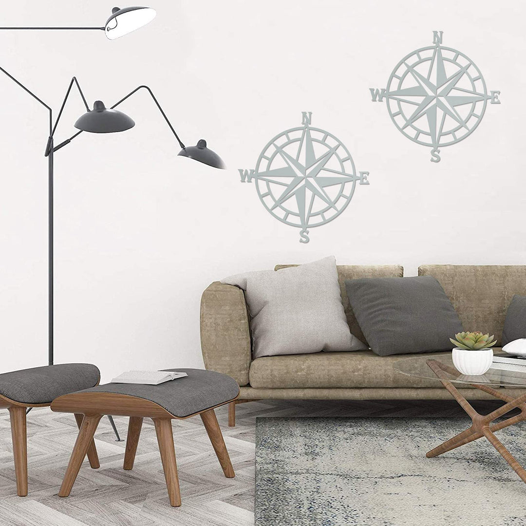 11 Inches Metal Decorative Nautical Compass Wall Decor, Living Room Bedroom Office Porch Garden Patio Signs Wall Hanging Art Beach Theme Home Decoration (Cyan Gray)