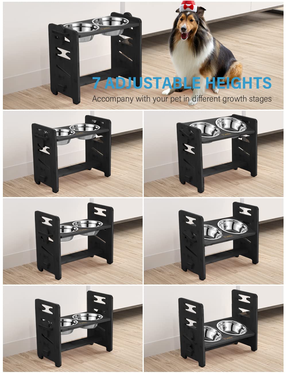 Elevated Dog Bowls, Adjustable Raised Dog Bowl Stand for Medium Sized Pet, Sturdy Bamboo Food Feeder with 2 Stainless Steel Dishes, Natural