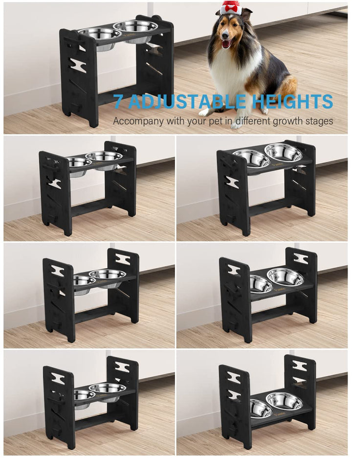 Elevated Dog Bowls, Adjustable Raised Dog Bowl Stand for Medium Sized Pet, Sturdy Bamboo Food Feeder with 2 Stainless Steel Dishes, Natural