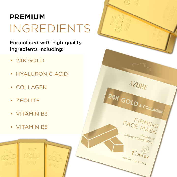 AZURE 24K Gold &amp; Collagen Firming Sheet Face Mask - Moisturizing, Lifting &amp; Illuminating | Reduces Fine Lines, Wrinkles &amp; | Tones, Smooths &amp; Evens Skin Tone | Made in Korea - 5 Pack