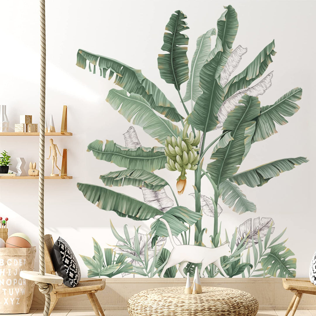Green Plants Wall Stickers, Removable Waterproof Fresh Leaves Stick Wall Decals, Vibrant Tropical Leaf Peel and Stick Art Murals for Bedroom Living Room Office Home Decorations (D)