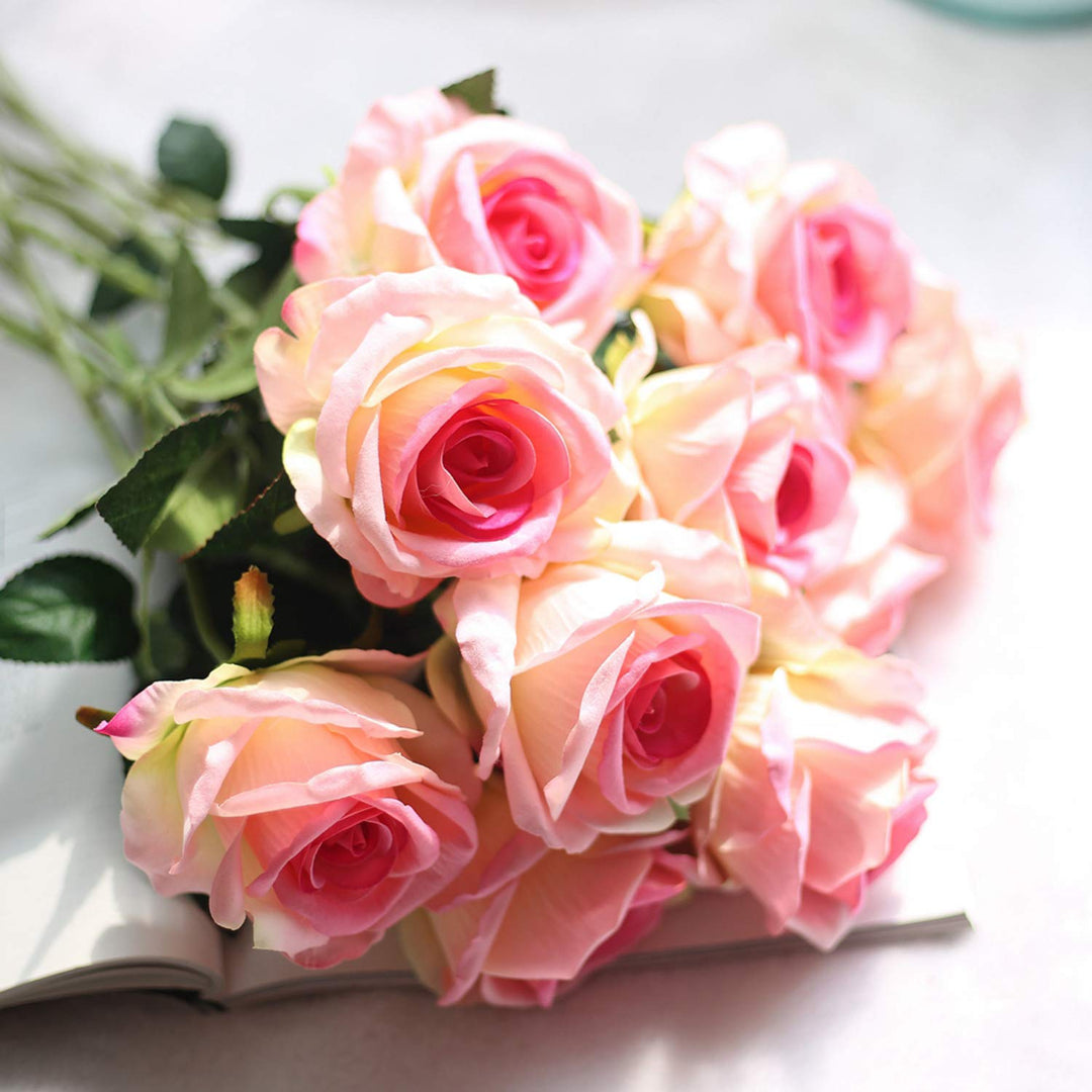 Artificial Silk Rose Flowers 12pcs Real Looking Fake Big Roses Velvet Roses Bridal Bouquet Wedding Home Kitchen Decorations or Gift (Pink and Red)