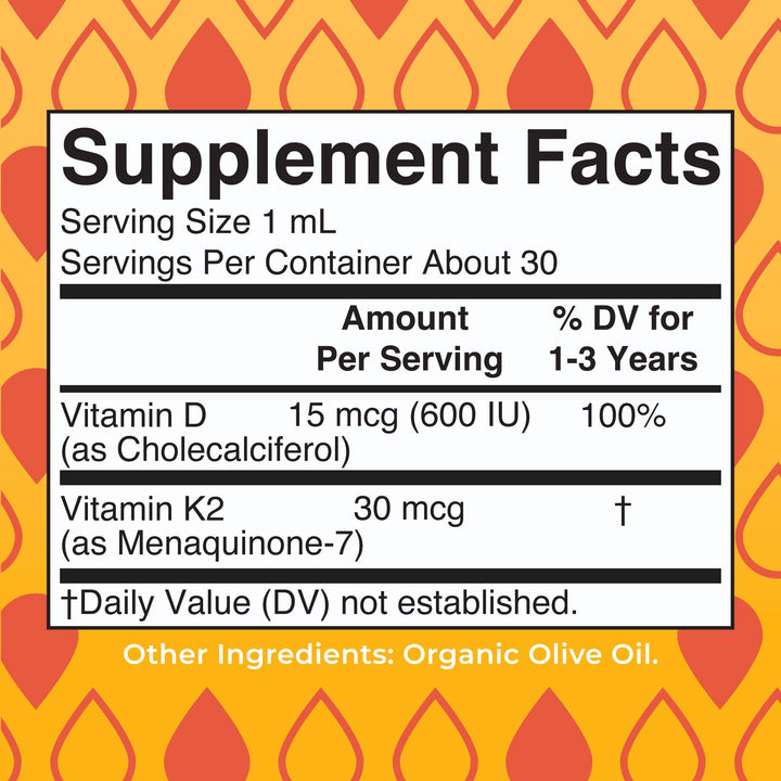 Vitamin D3 | Vitamin K2 | Vitamin D3 K2 Drops | K2 D3 Vitamin Liquid Supplement for Toddlers | Kids Supplement for Calcium Absorption Strong Bones | Vegan | Gluten Free | 1 Fl Oz
