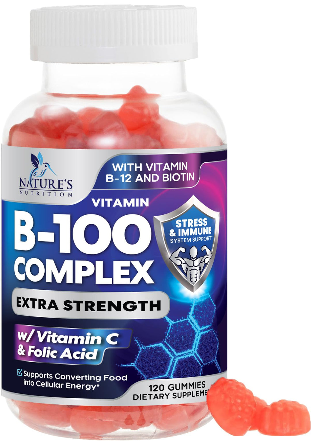 B Complex Gummy with Vitamin C &amp; Folic Acid, Extra Strength Vitamin B Gummies Supplement with Niacin, B6, Folic Acid, Super B12, Biotin, Nature&#39;s Energy Immune Support Supplements - 120 Gummies