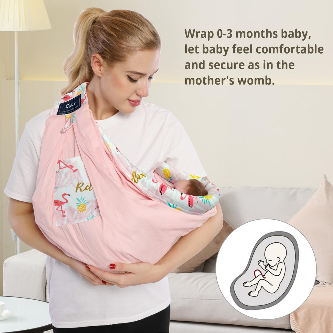 Baby Carrier by Cuby, Natural Cotton Baby Wraps Sling Baby Holder Extra Comfortable for Easy Wearing Carrying of Newborn, Soft and Adjustable Newborn and Toddler Sling Carries(Pink Flamingo)