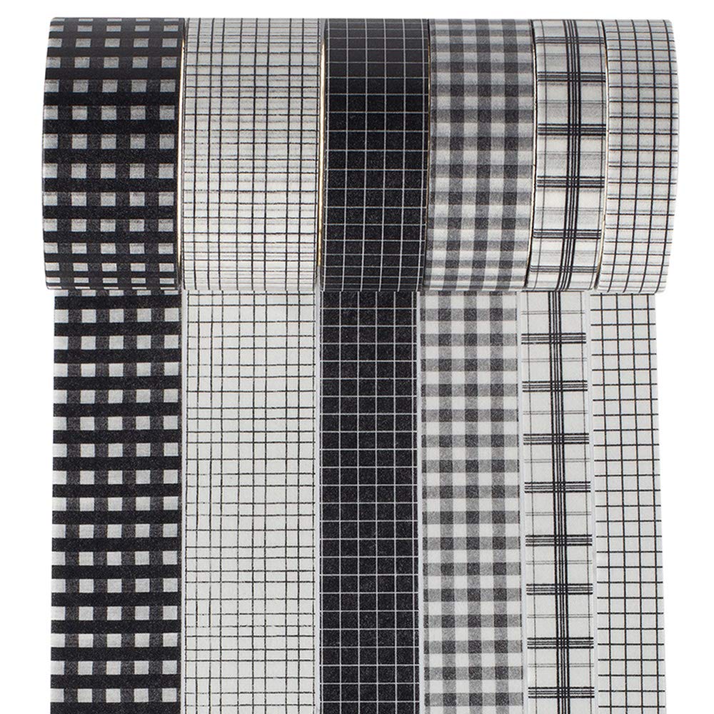 6 Roll Washi Tape Set VSCO Decorative Tape for DIY Crafts, Journals, Planners, Scrapbooking, Wrapping (Black)