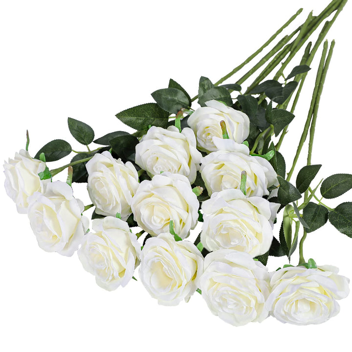 12PCS Artificial Silk Flowers Realistic Roses Bouquet Long Stem for Home Wedding Decoration Party (12PCS-Cream White 1)