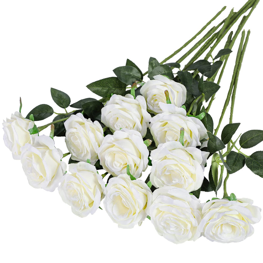 12PCS Artificial Silk Flowers Realistic Roses Bouquet Long Stem for Home Wedding Decoration Party (12PCS-Cream White 1)