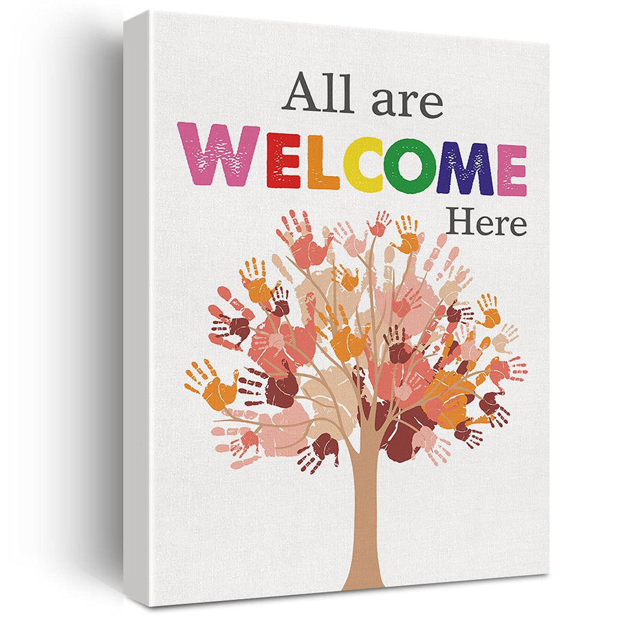 Inspirational Diversity Wall Art All are Welcome Here Watercolor Canvas Painting Prints for Classroom Wall Decor Framed Equality Artwork Gifts(12x15 Inch)
