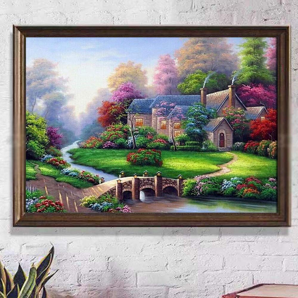 Large 5D Diamond Painting Kit for Adults, Full Square Drill Embroidery Cross Stitch Crystal Rhinestone Mosaic Making Home Decor Spring Landscape Cottage Art Craft (Summer Scenery)