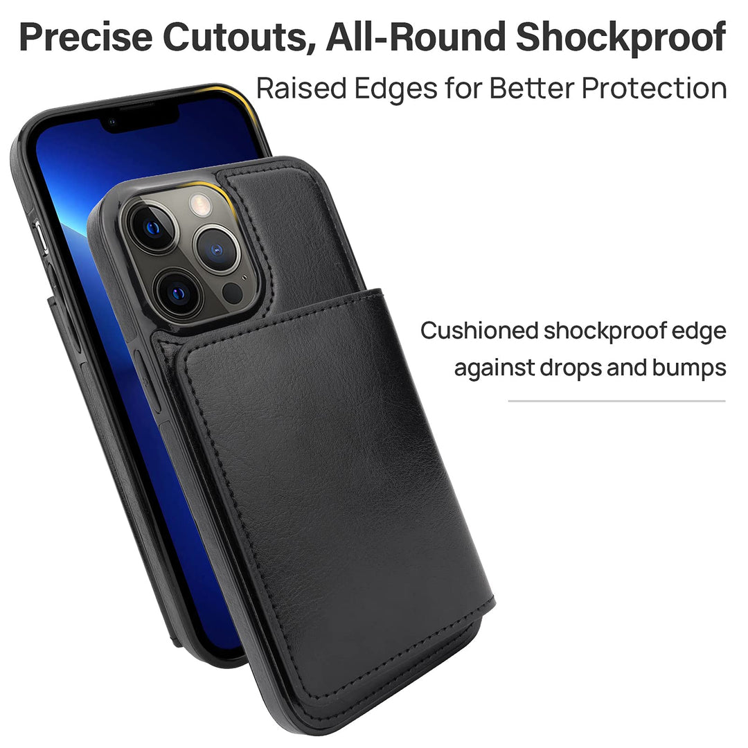 for iPhone 13 Pro Max Wallet Case with Card Holder, Faux Leather Kickstand Card Slots Case, Handmade RFID Blocking Magnetic Shockproof Protective Slim Back Flip Phone Case 6.7 Black