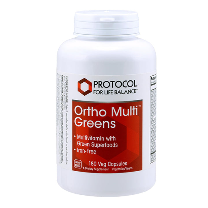 Ortho Multi Greens - Multivitamin with Green Superfoods - with Vitamins C, B6, B12 &amp; More - with Spirulina, Chlorella &amp; Alfalfa - Iron Free - Non-GMO - 180 Veg Caps