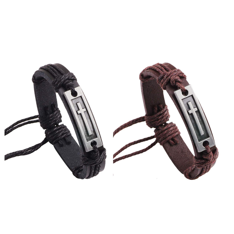 Handmade Classic Cross Wristband Bangle Adjustable Braided Wrap Leather Cord Bracelet for Men Vintage Religious Jewelry-cross