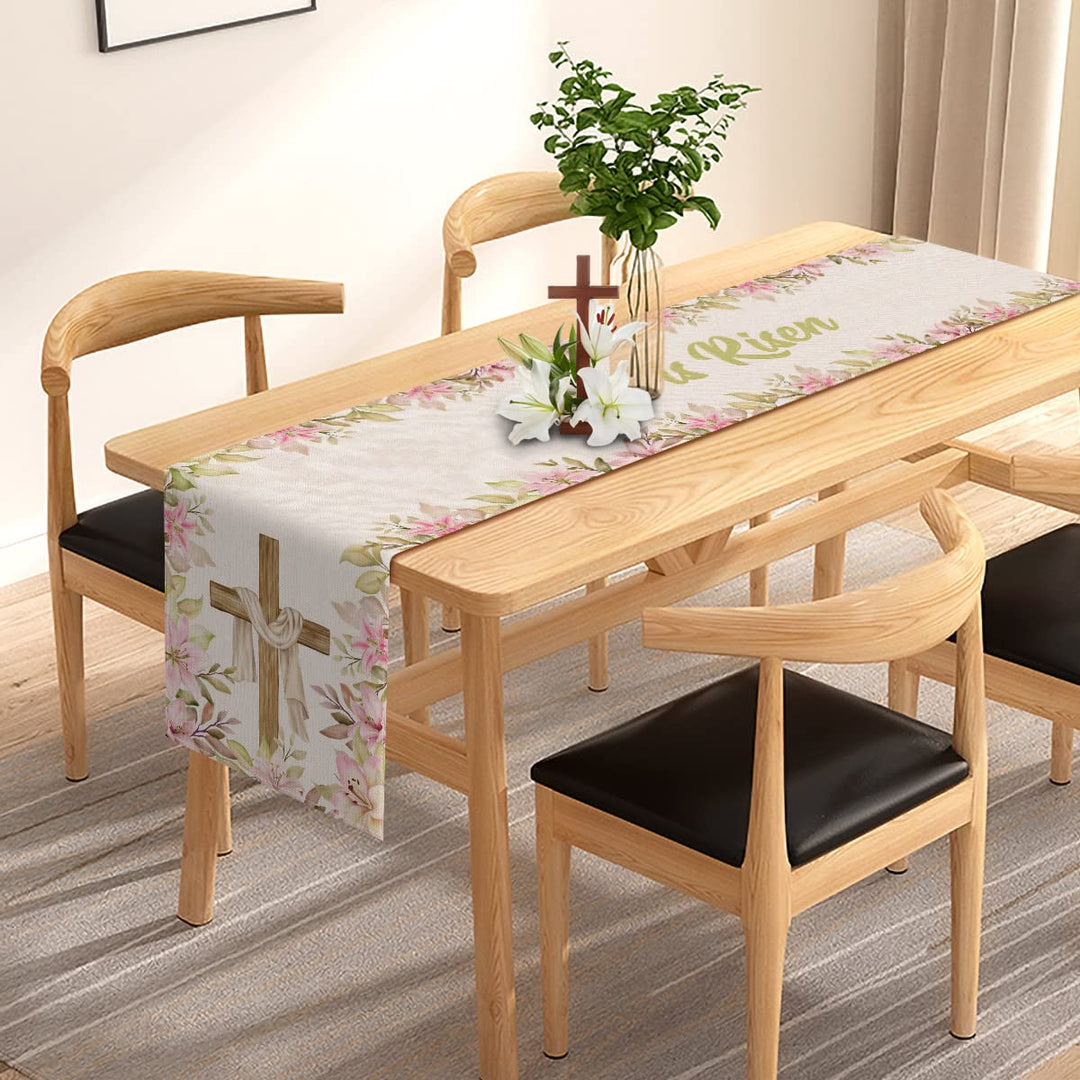 He is Risen Table Runner Easter Christian Cross Resurrection Lily Spring Holiday Party Kitchen Dining Home Decoration (13 x 72)