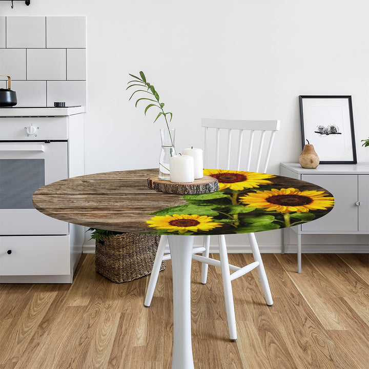 Wooden Flower Sunflower Fitted Round Tablecloth with Elastic Stain Resistant Table Cloth Waterproof Table Cover for Kitchen Dining Party Fits up to 36-42, Small