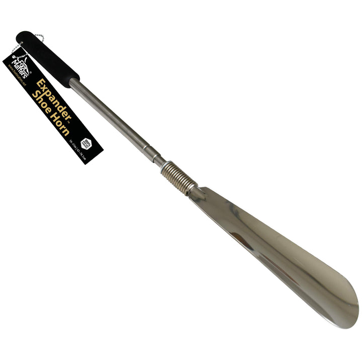 FootMatters Long Handled Metal Expander Shoe Horn Flex Spring End - Extendable &amp; Collapsible 16 to 31 - Stainless Steel Strong - Light &amp; Easy to Carry and Stow - 100% Money Back Guarantee