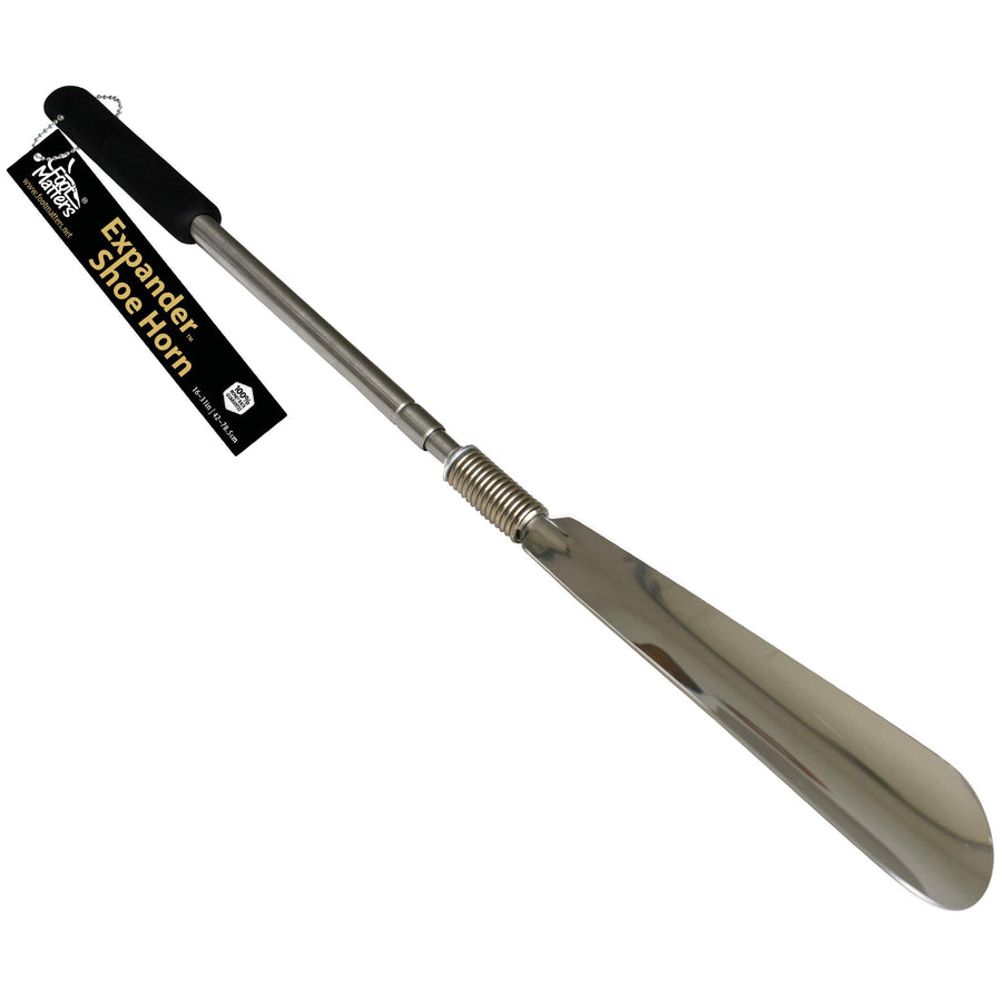 FootMatters Long Handled Metal Expander Shoe Horn Flex Spring End - Extendable & Collapsible 16 to 31 - Stainless Steel Strong - Light & Easy to Carry and Stow - 100% Money Back Guarantee