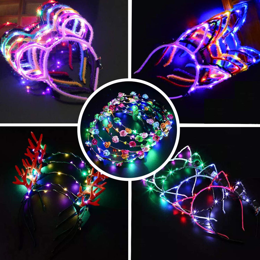 ® 10Pcs LED Cat Ear Flower Crown Glow Headband Light Up Flashing Glow Hairbands Women Girls Costume Blinking LED Glow Hair Band Ornaments for Shoot Concert Party Halloween Christmas Wedding