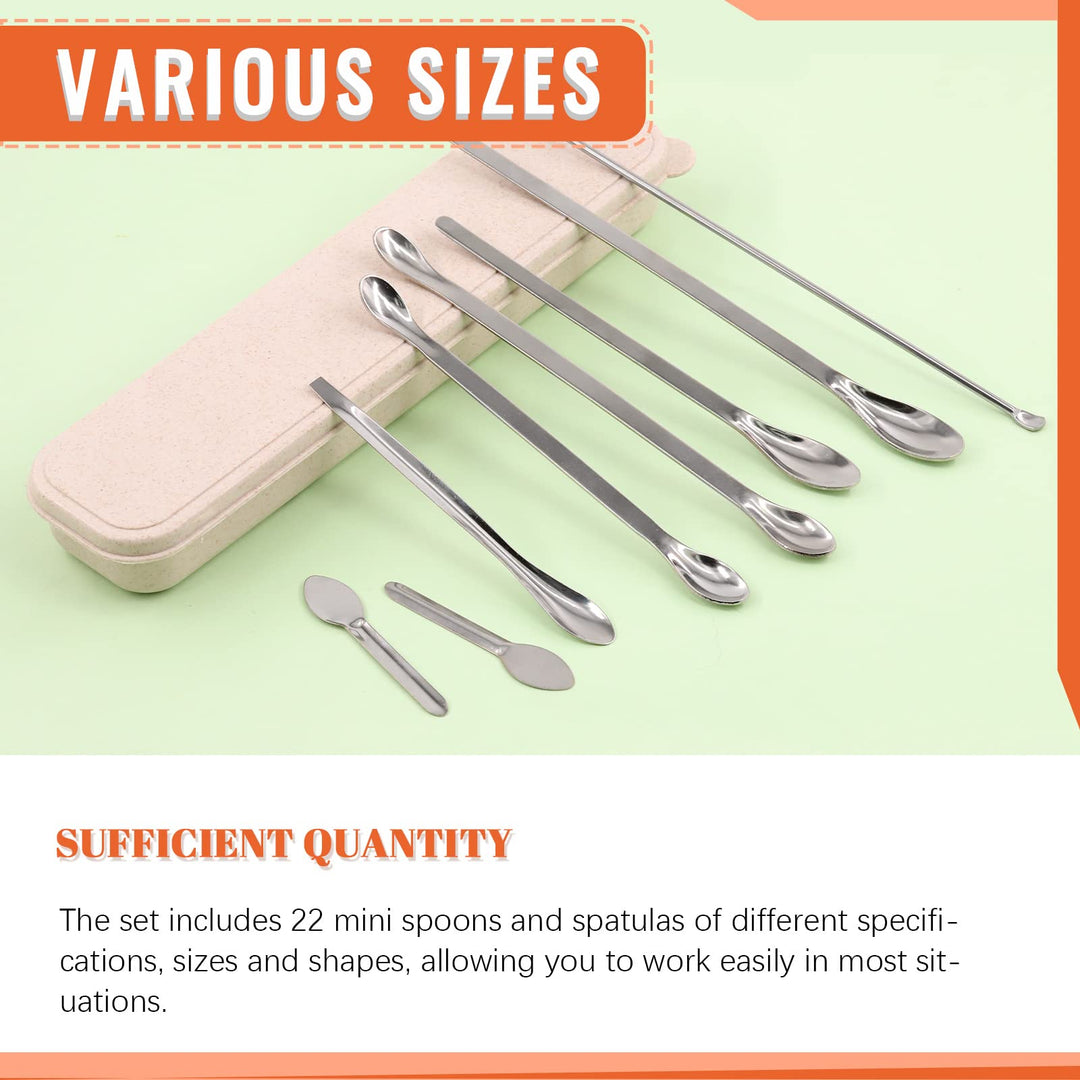 23Pcs Stainless Steel Lab Spatula Micro Scoop Set Including 22pcs 7cm 16cm 18cm 20cm 22cm Laboratory Tiny Mixing Spatula Scoop Measuring Spoon Long Sampling Spoon with 1Pair Gloves