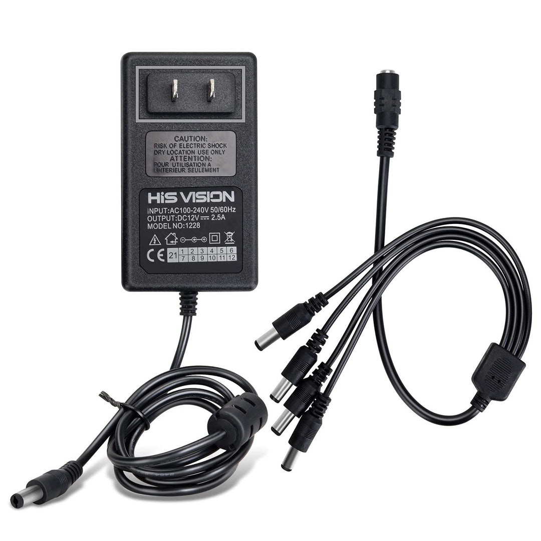 Security Camera Power Supply Adapter 12V 2.5A 100V-240V AC to DC with 4-Way Power Splitter Cable -Fits CCTV Camera DVR NVR Surveillance System