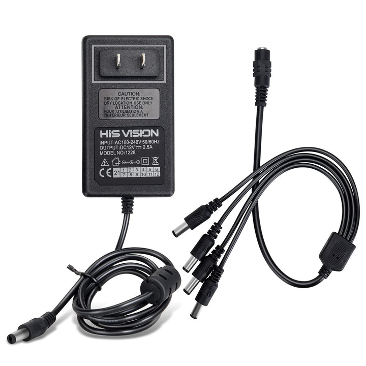 Security Camera Power Supply Adapter 12V 2.5A 100V-240V AC to DC with 4-Way Power Splitter Cable -Fits CCTV Camera DVR NVR Surveillance System