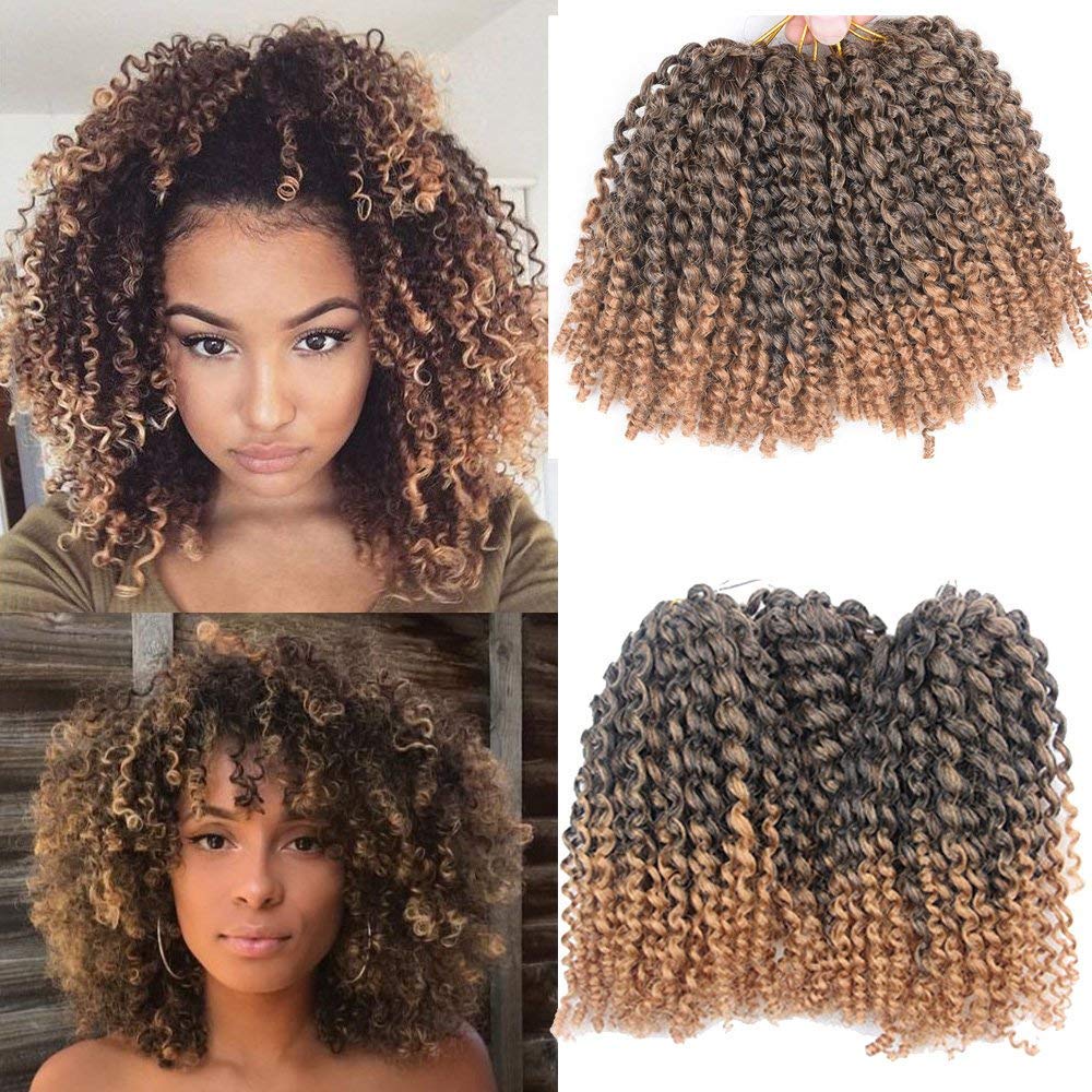 Sharopul Kinky Curl Ombre Color 3little pcs/pack 8Inch Afro Kinky Twist Hair Crochet Braids Synthetic Crochet Hair Extention(1B/27)