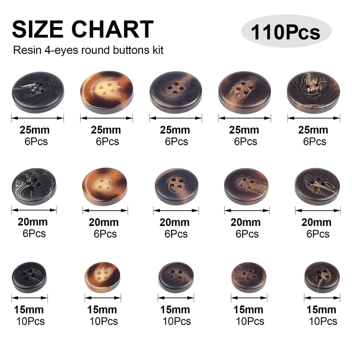 110Pcs Mixed Sewing Buttons, 4-Hole Craft Round Blazer Buttons, 5 Color 3 Size(15mm,20mm,25mm) Suit Coats Resin Button, Suitable for Variety Clothing Sewing, DIY Craft(Brown)