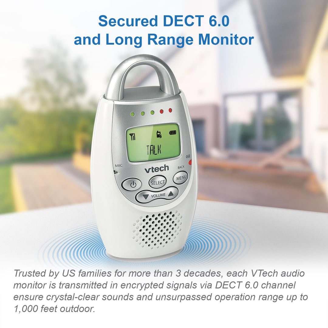 VTech DM221 Audio Baby Monitor with up to 1,000 ft of Range, Vibrating Sound-Alert, Talk Back Intercom & Night Light Loop, White/Silver
