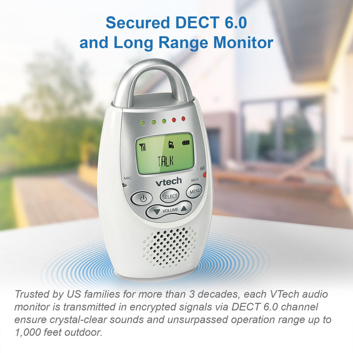 VTech DM221 Audio Baby Monitor with up to 1,000 ft of Range, Vibrating Sound-Alert, Talk Back Intercom & Night Light Loop, White/Silver
