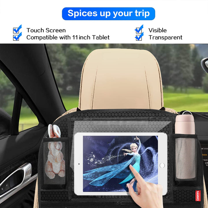 BANNIO Car Backseat Organizer,(2 Pack) Car Back Seat Storage Organizer, Kick Mat Seat Protector with 11 Tablet Holder for Kids Toddlers,8 Storage Pockets,Travel Accessories,Black