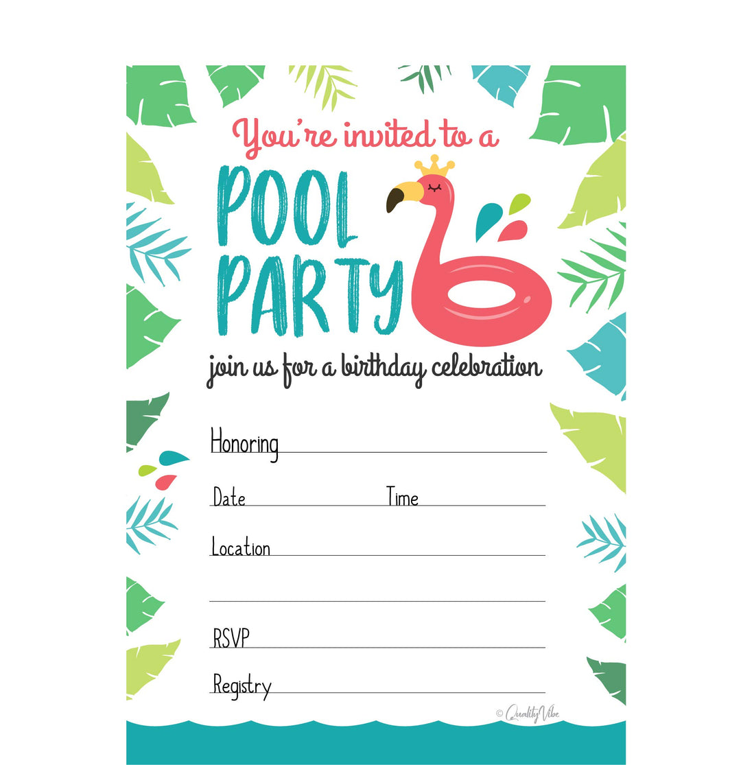 25 Pool Party Birthday Invitations with 25 White envelopes. This Summer Pool Theme Birthday invites Style has Flamingo &amp; Water Splash. Your Kids Summer Pool Party bash Starts with This Invitations.