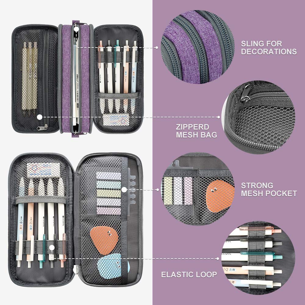 Large Pencil Case Big Capacity Pencil Bag Large Storage Pouch 3 Compartments Desk Organizer Marker Pen Case Simple Stationery Bag Pencil Holder (Plaid White)