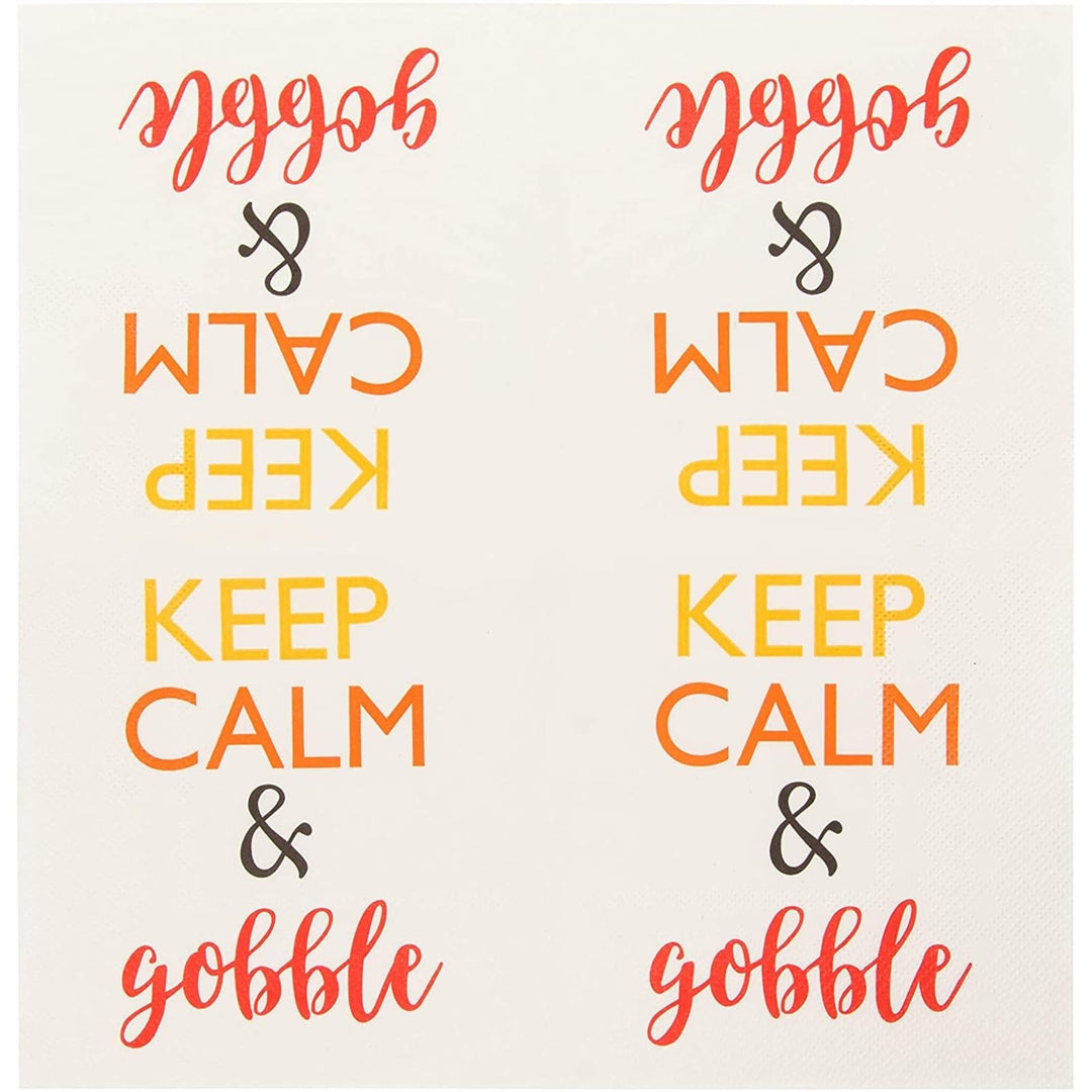 Cocktail Napkins - 100-Pack Disposable Paper Napkins, Autumn Thanksgiving Dinner Party Supplies, 3-Ply, Keep Calm and Gobble, White, Unfolded 10 x 10 Inches, Folded 5 x 5 Inches