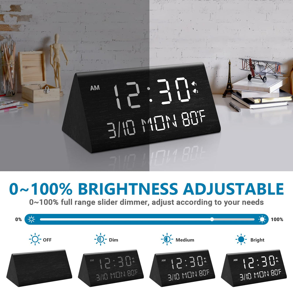 Wooden Digital Alarm Clock, 0-100% Dimmer, 2 Alarm Settings, Weekday/Everyday Mode, 9 Mins Snooze, 12/24H, Temperature and Date Display for Office, Travel, Bedroom Alarm Clock (Black)