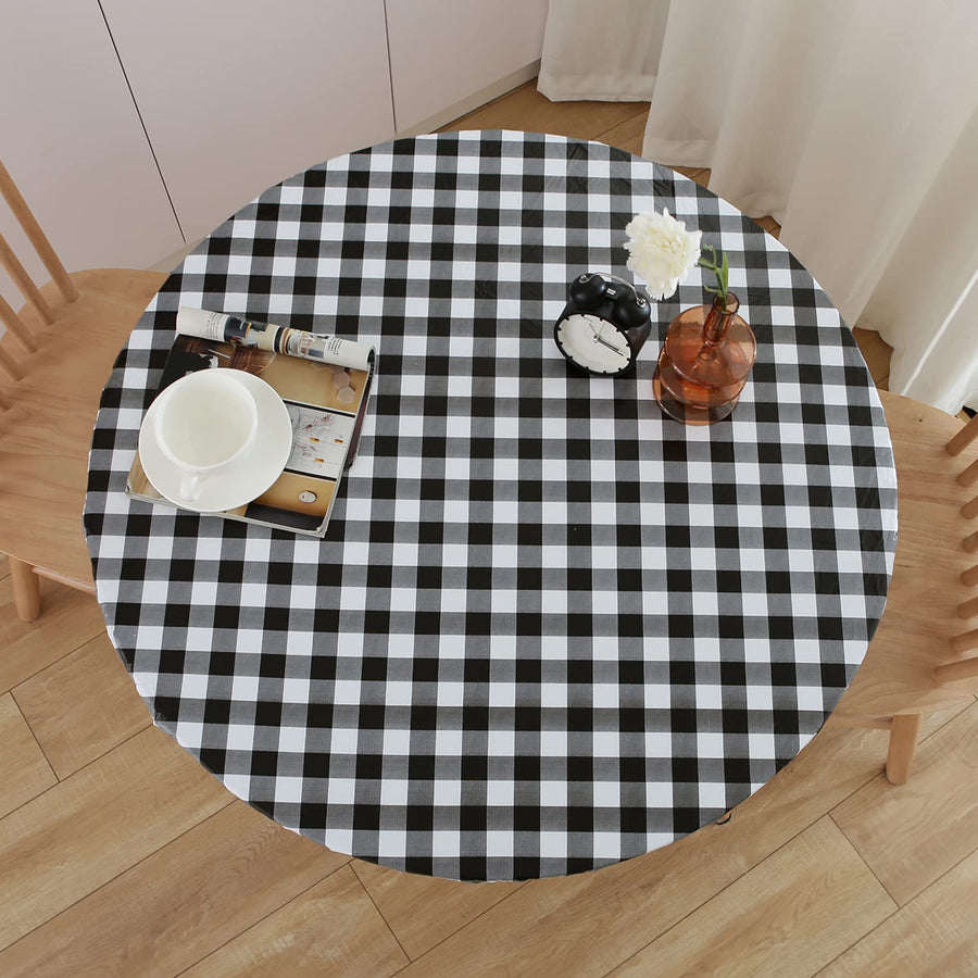 Round Fitted Vinyl Tablecloth with Elastic Edge 100% Waterproof Oil Proof PVC Table Cloth Wipe Clean Table Cover for Indoor and Outdoor, Black Check, 45- 56