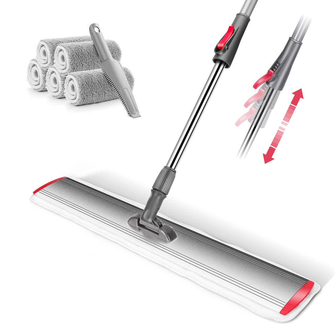Mops for Floor Cleaning,Extra Large Microfiber Mop Kit, Dust Mop for Hardwood Floors,Flat Mop with Adjustable Handle and 5 Mop Pads Cloth,Red &amp; Silver