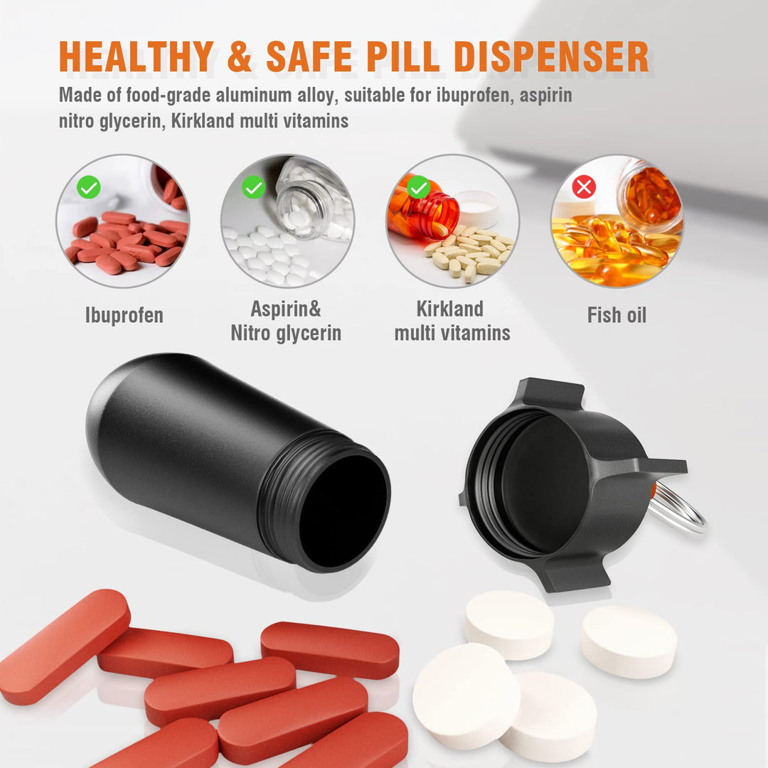 2 Packs Pill Keychain, Pill Case, Waterproof Pill Holder, Portable Pill Container, Aluminum Alloy, Single Chamber, Small Pocket Pill Box for Purse, Backpack, Medicine Bottle EDC for Outdoor Travel