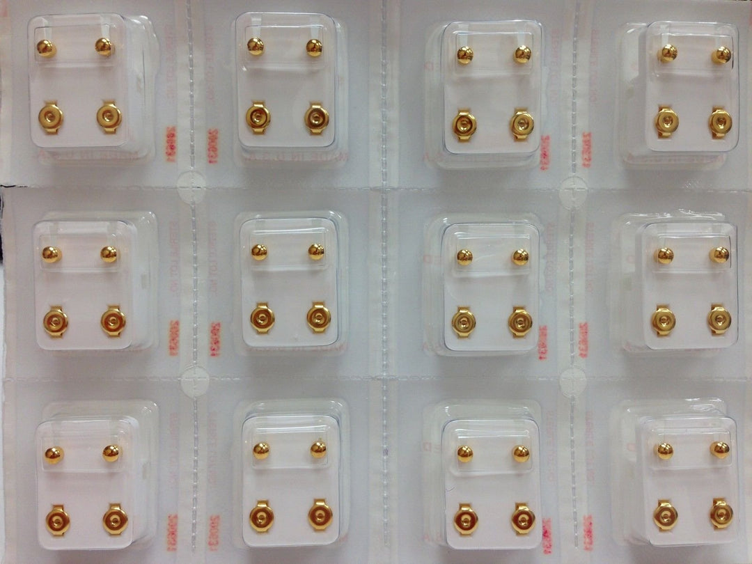 Ear Piercing Ball Earrings Studs 4mm Gold Plated Surgical Steel 12 Pair